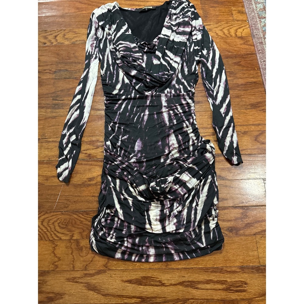 Roberto Cavalliā Ruched Tie Dye Mini Dress Long Sleeve Cowl Neck Purple Black 44